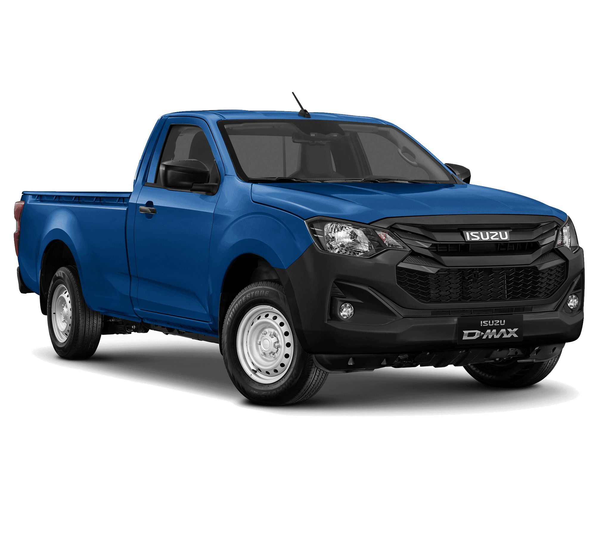 Biarritz Blue ISUZU D-MAX Single Cab 2.2L pickup truck with a single cab, black grille, and white wheels, viewed from the front-left angle.