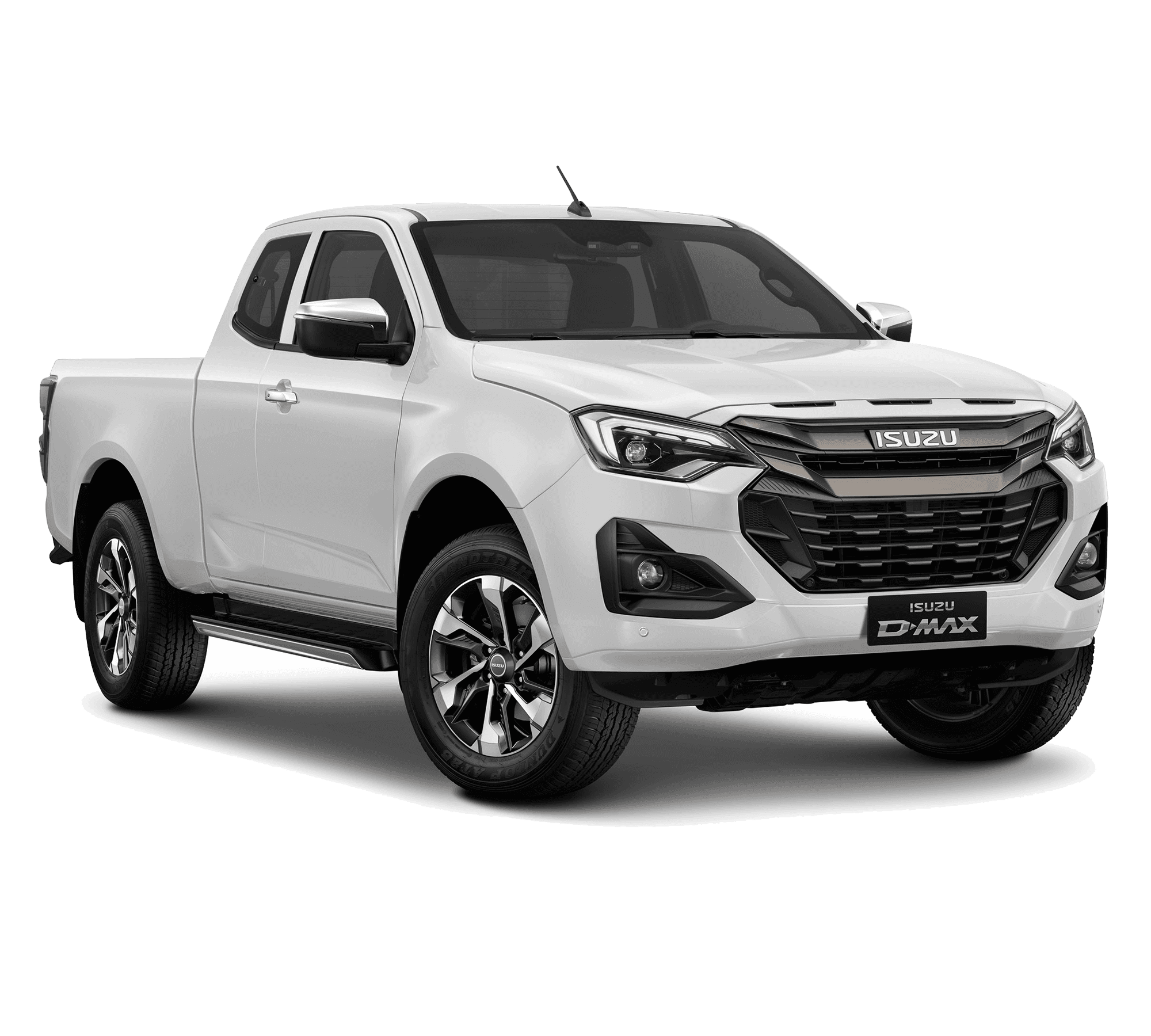 Splash White ISUZU D-MAX Extended Cab LSX 2.2L pickup truck facing slightly left, showcasing its modern design and chrome accents against a transparent background.